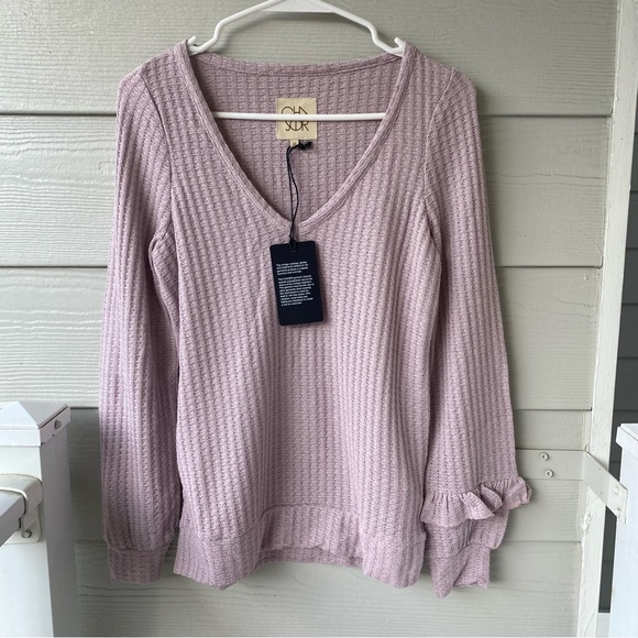 Chaser Tops - CHASER Lavender V Neck Ruffle Sleeve Knit Top